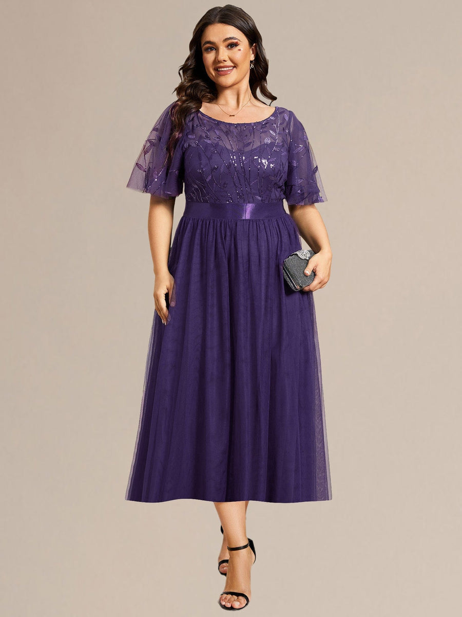 Robe d'invitée de mariage mi-longue à paillettes et feuilles #Couleur_Violet Fonce