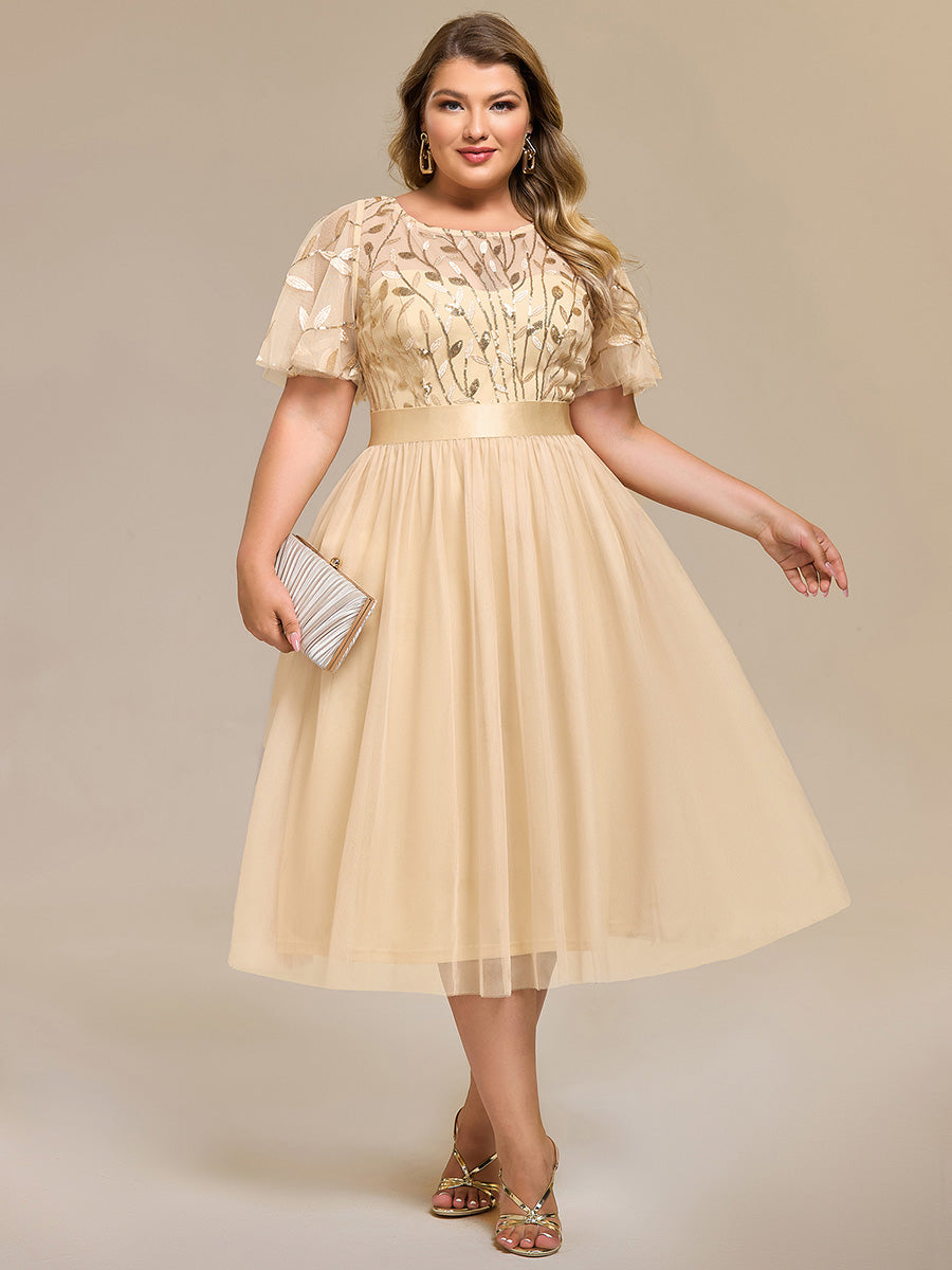 Robe d'invité de mariage trapèze en mousseline fluide à encolure ronde et longueur au genou #Couleur_Or