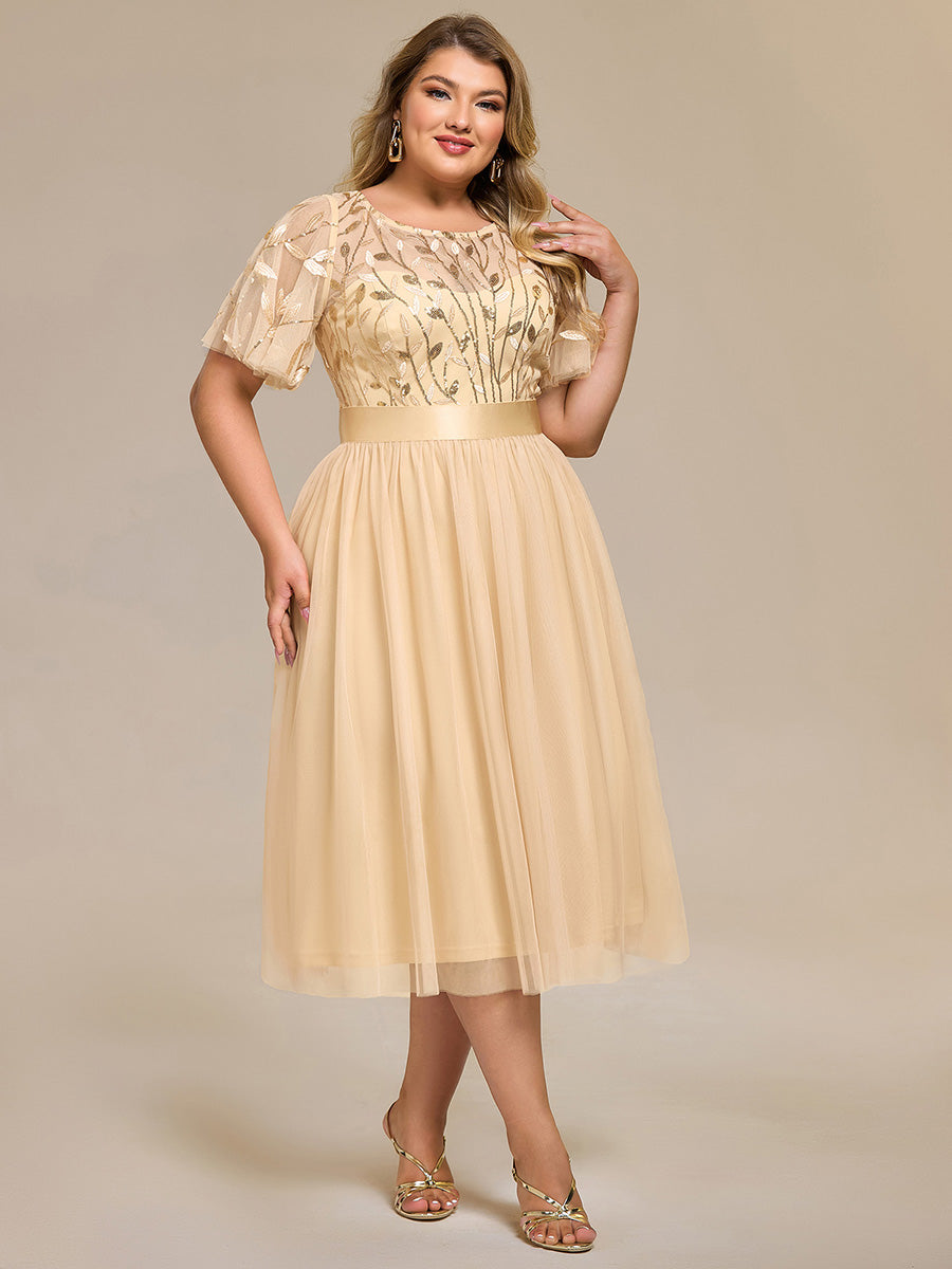 Robe d'invité de mariage trapèze en mousseline fluide à encolure ronde et longueur au genou #Couleur_Or