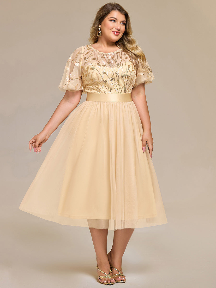Robe d'invité de mariage trapèze en mousseline fluide à encolure ronde et longueur au genou #Couleur_Or