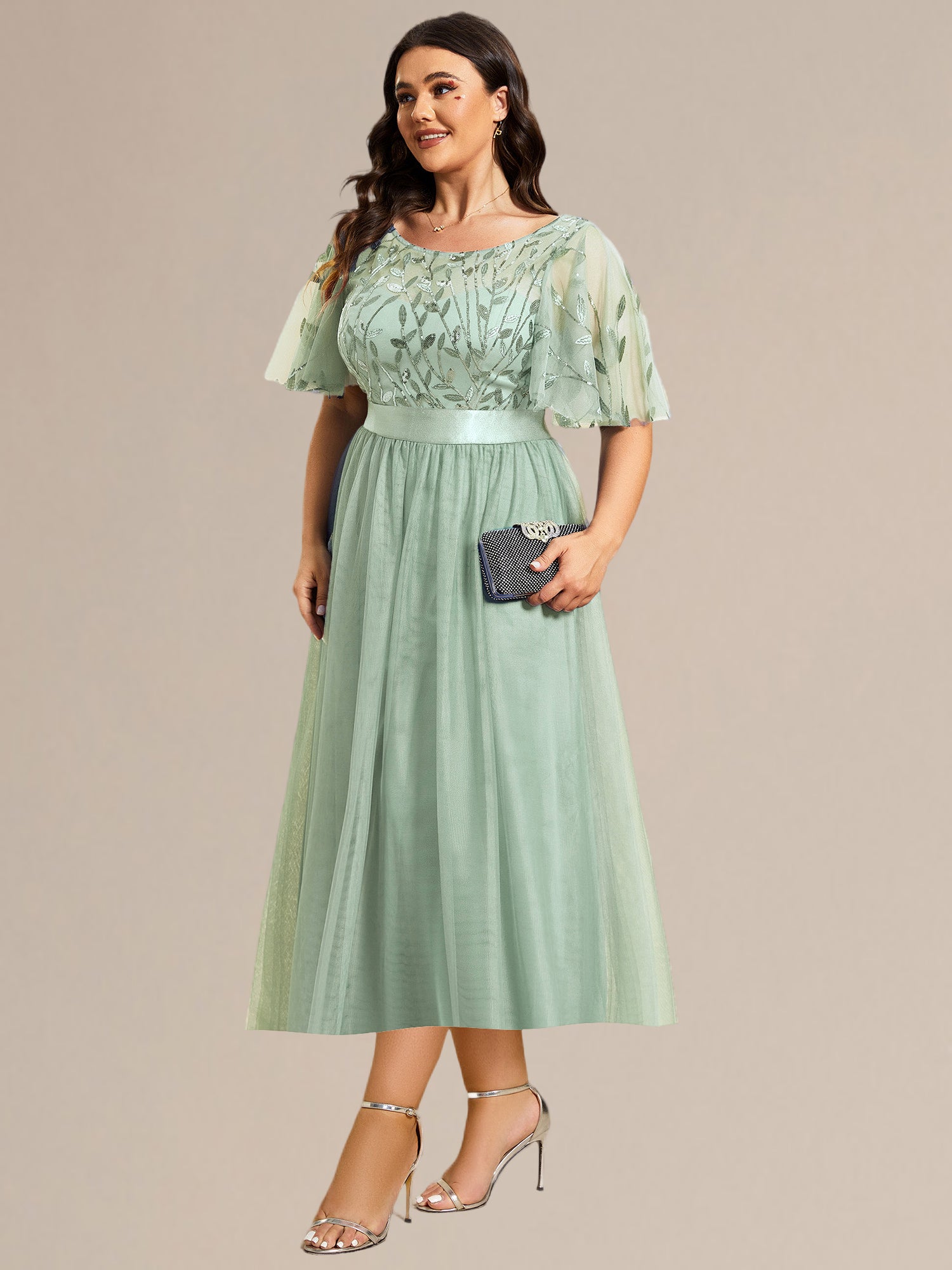 Robe d'invité de mariage trapèze en mousseline fluide à encolure ronde et longueur au genou #Couleur_Menthe Verte