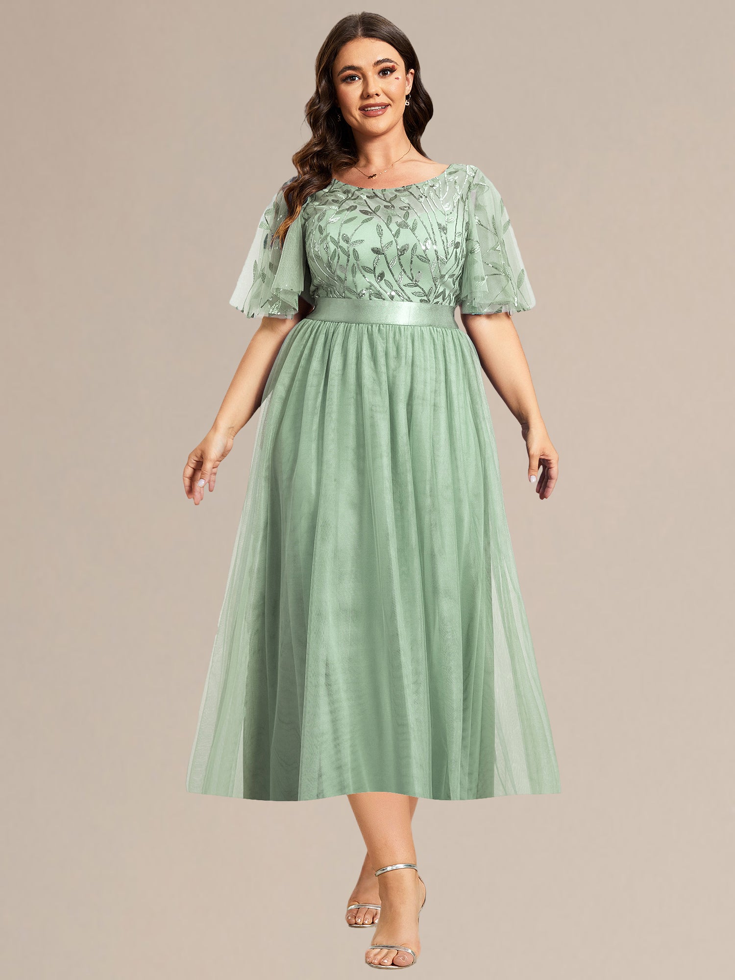 Robe d'invité de mariage trapèze en mousseline fluide à encolure ronde et longueur au genou #Couleur_Menthe Verte