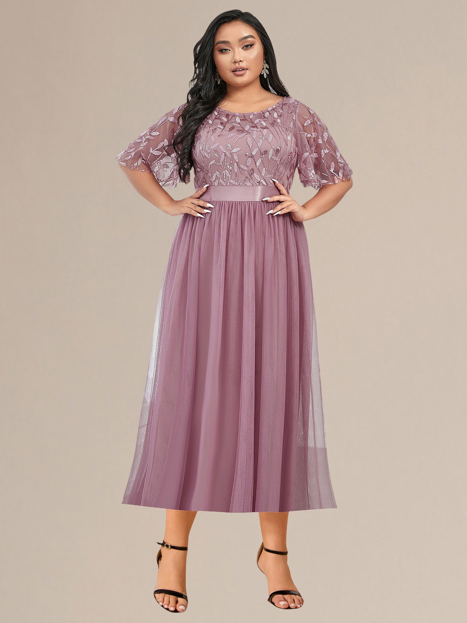 Robe d'invité de mariage trapèze en mousseline fluide à encolure ronde et longueur au genou #Couleur_Orchidee