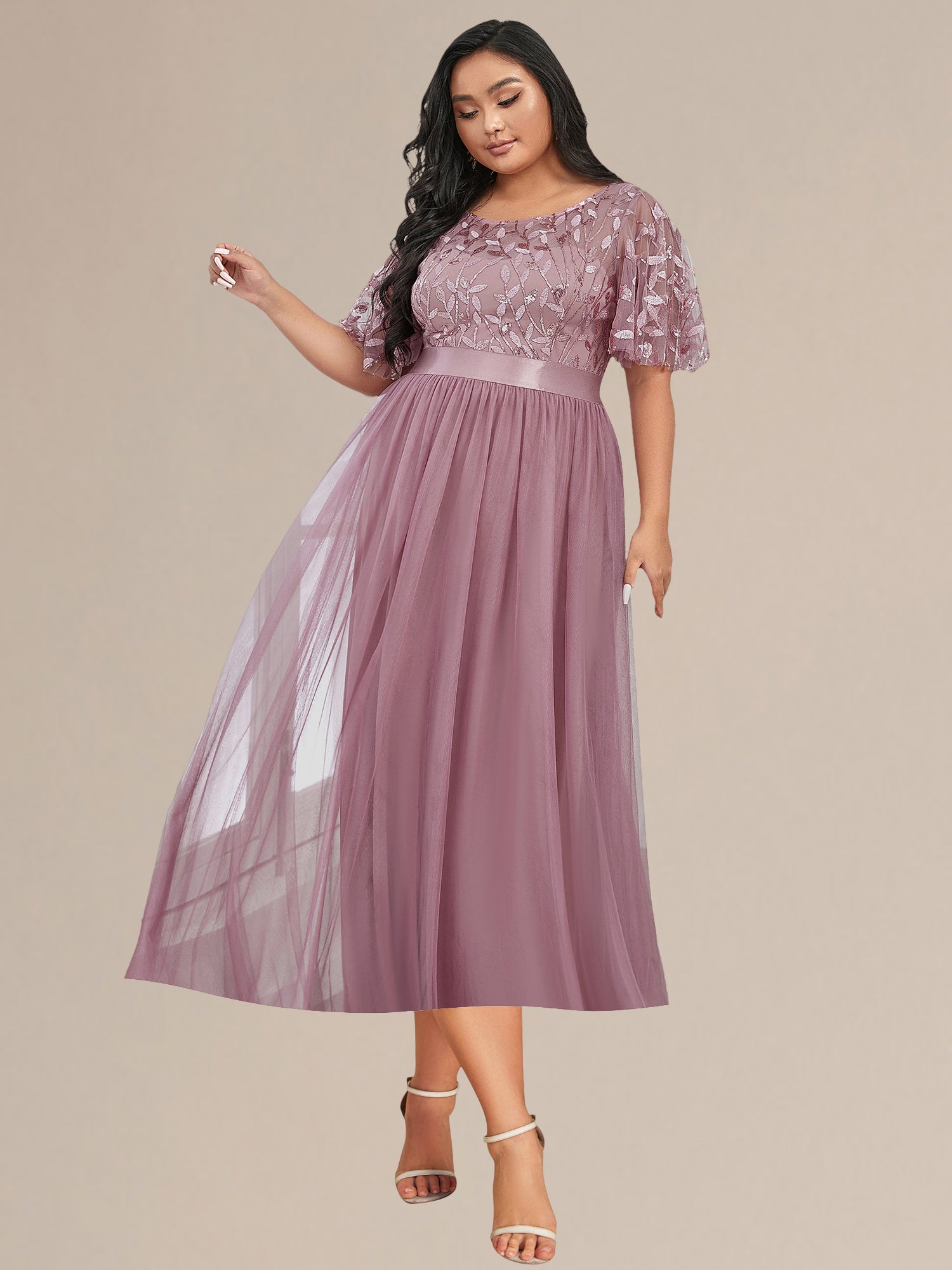 Robe d'invité de mariage trapèze en mousseline fluide à encolure ronde et longueur au genou #Couleur_Orchidee