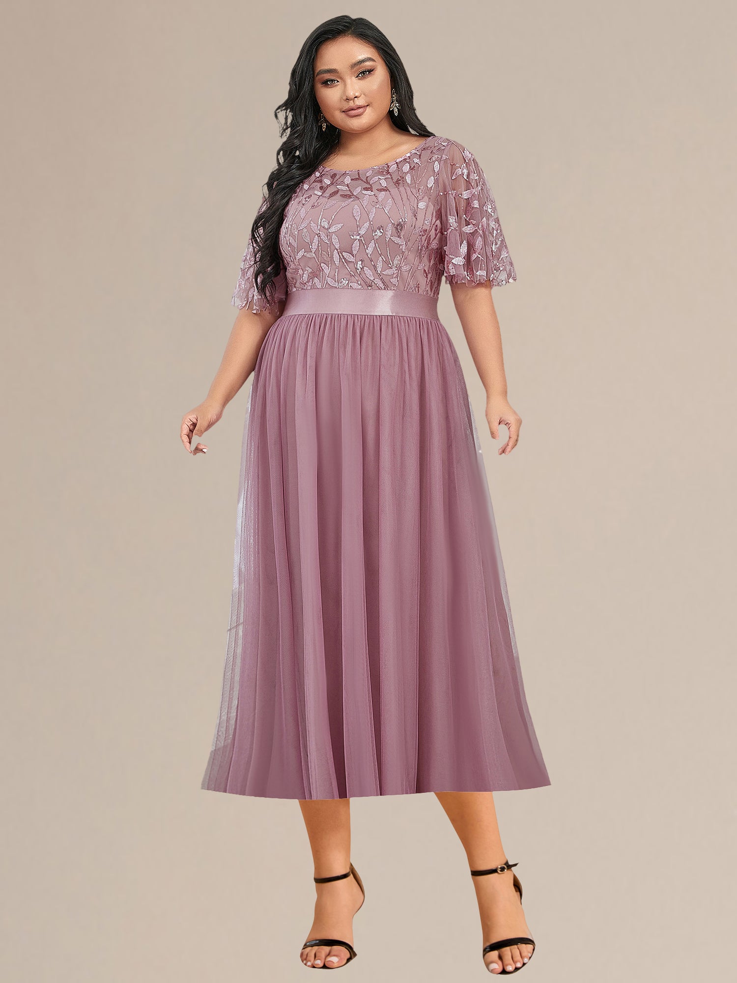 Robe d'invité de mariage trapèze en mousseline fluide à encolure ronde et longueur au genou #Couleur_Orchidee