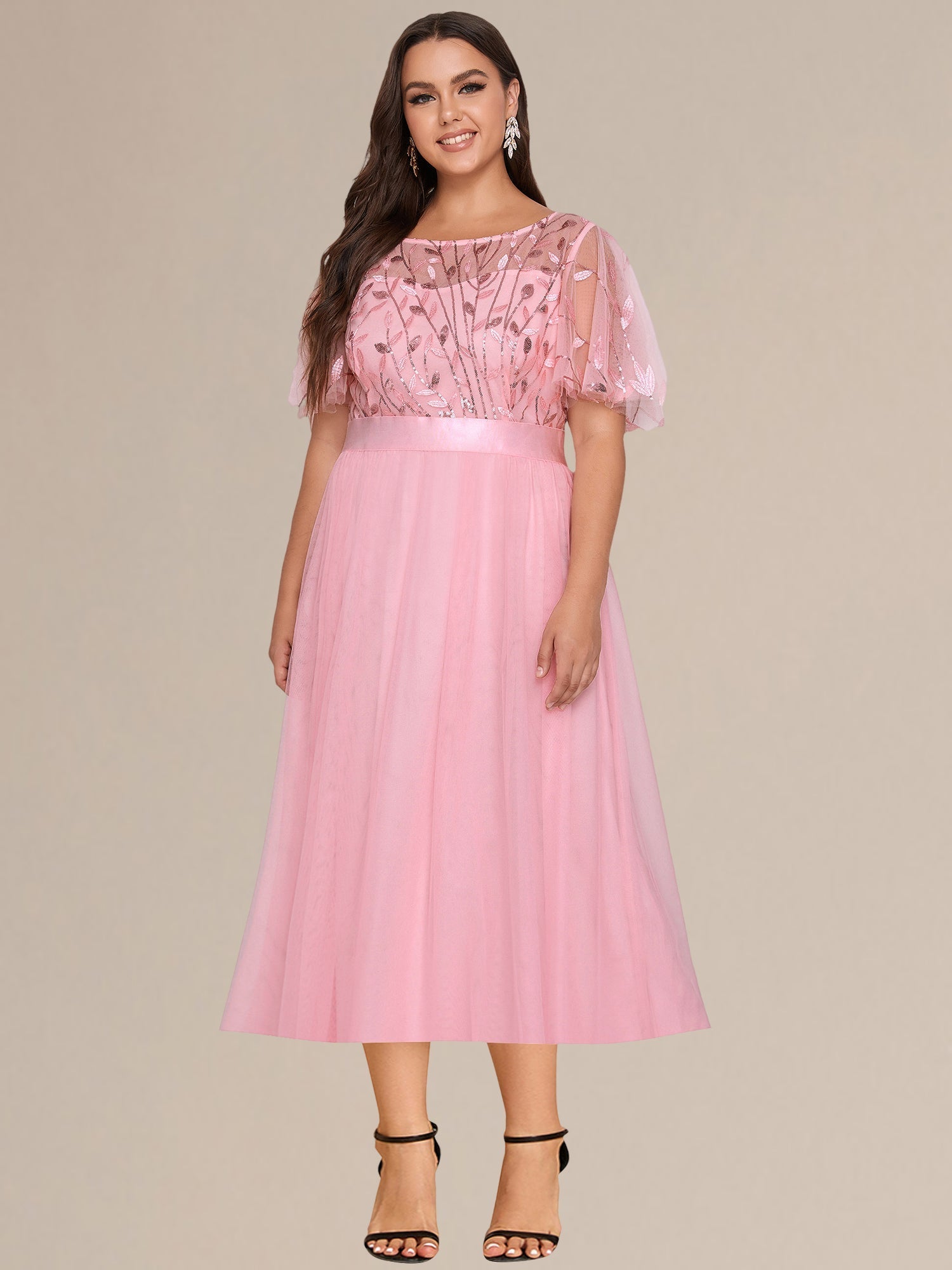 Robe d'invité de mariage trapèze en mousseline fluide à encolure ronde et longueur au genou #Couleur_Rose
