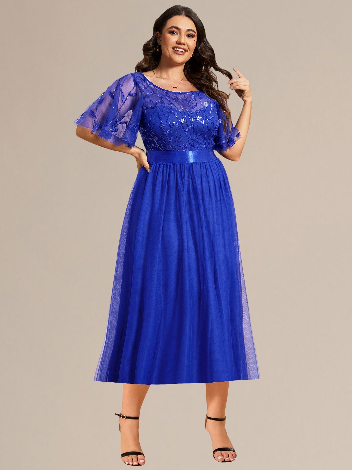 Robe d'invité de mariage trapèze en mousseline fluide à encolure ronde et longueur au genou #Couleur_Bleu Saphir