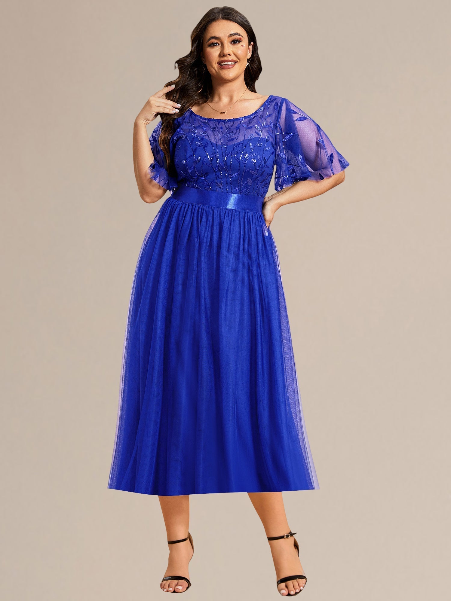 Robe d'invité de mariage trapèze en mousseline fluide à encolure ronde et longueur au genou #Couleur_Bleu Saphir