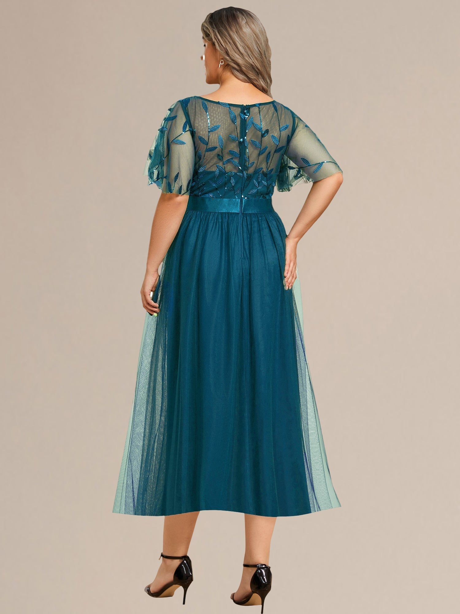 Robe d'invité de mariage trapèze en mousseline fluide à encolure ronde et longueur au genou #Couleur_Bleu Sarcelle