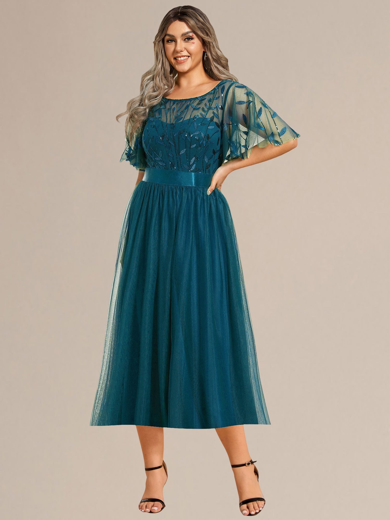 Robe d'invité de mariage trapèze en mousseline fluide à encolure ronde et longueur au genou #Couleur_Bleu Sarcelle