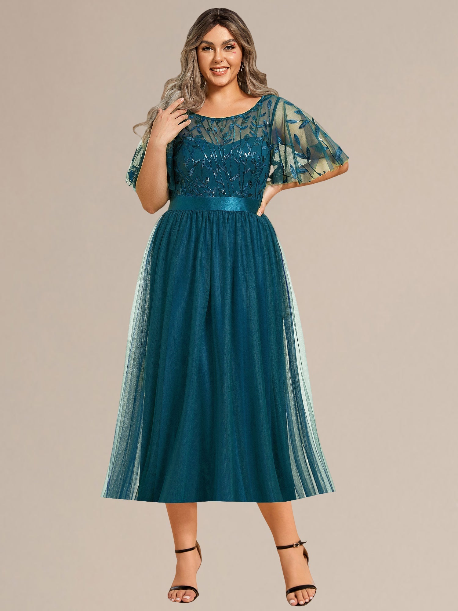 Robe d'invité de mariage trapèze en mousseline fluide à encolure ronde et longueur au genou #Couleur_Bleu Sarcelle