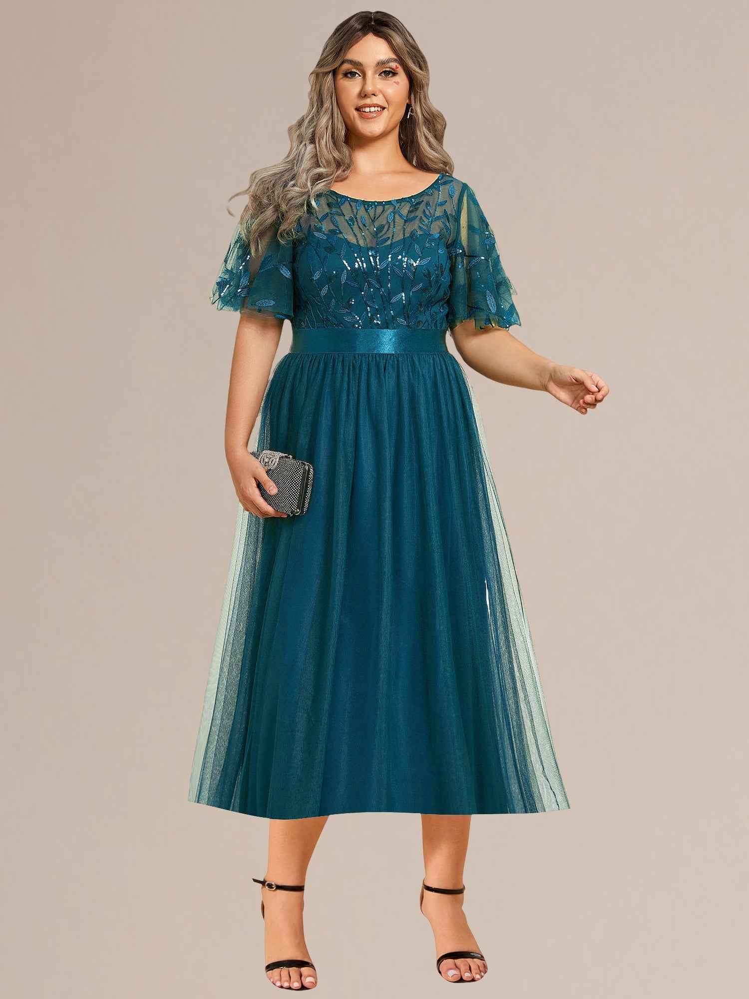 Robe d'invité de mariage trapèze en mousseline fluide à encolure ronde et longueur au genou #Couleur_Bleu Sarcelle