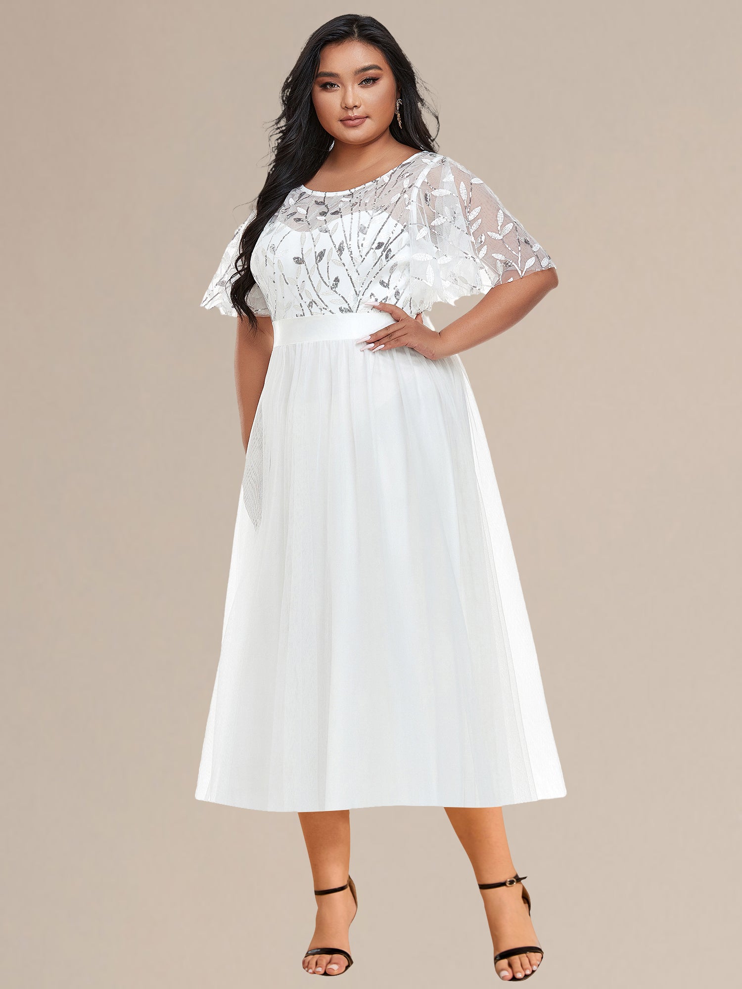 Robe d'invité de mariage trapèze en mousseline fluide à encolure ronde et longueur au genou #Couleur_Blanc