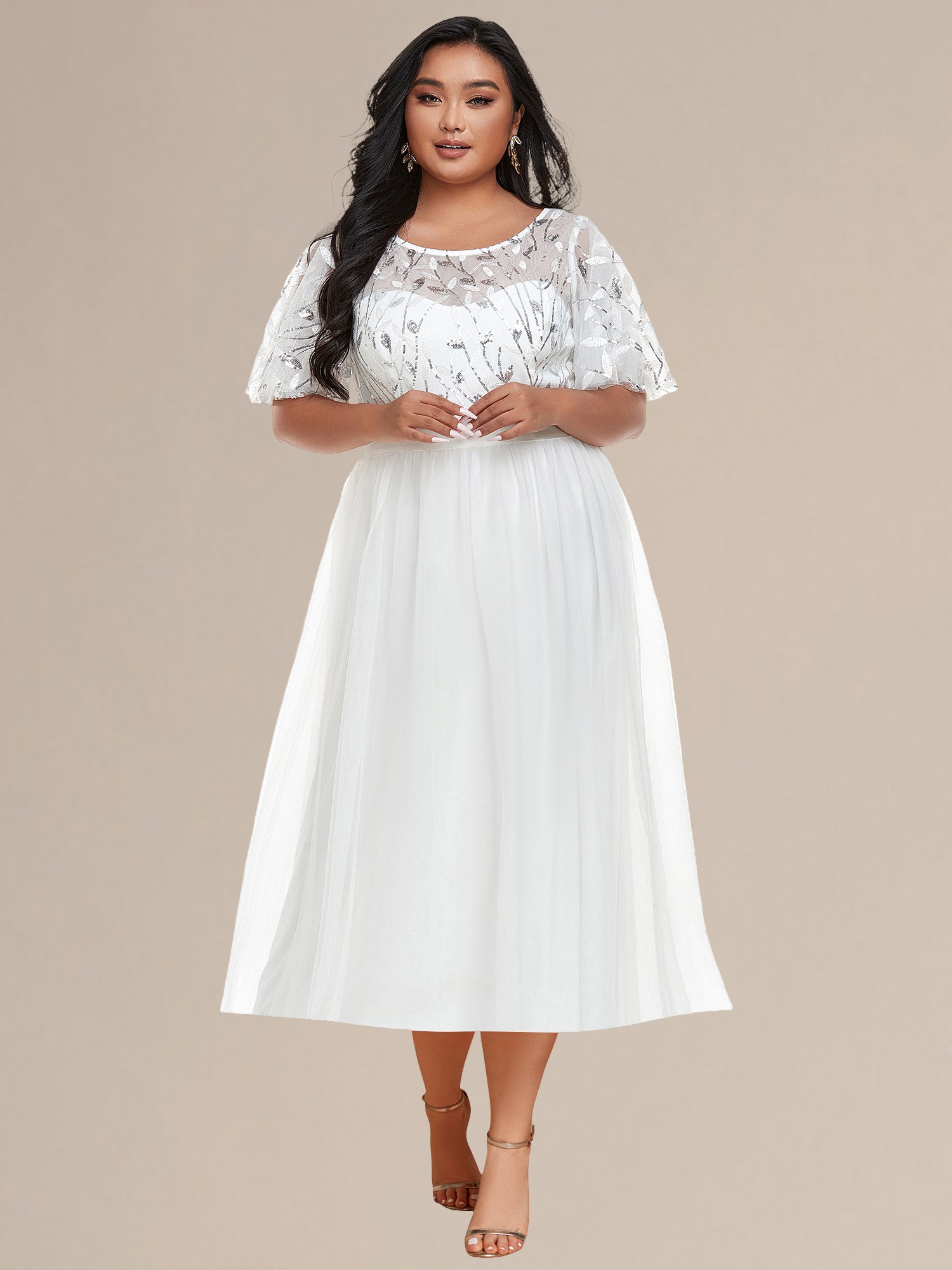 Robe d'invité de mariage trapèze en mousseline fluide à encolure ronde et longueur au genou #Couleur_Blanc