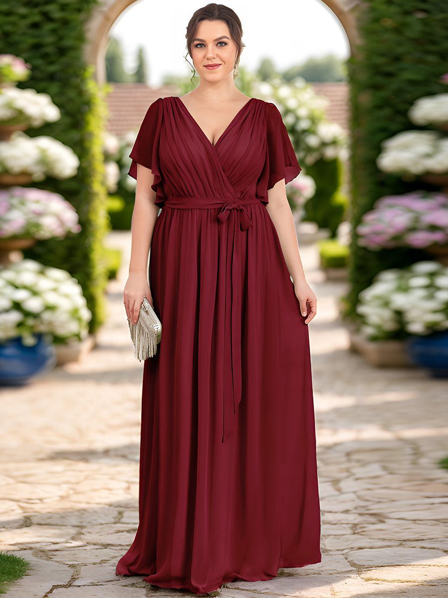 Robe de demoiselle d'honneur en mousseline de soie à encolure en V et à manches #Couleur_Bordeaux