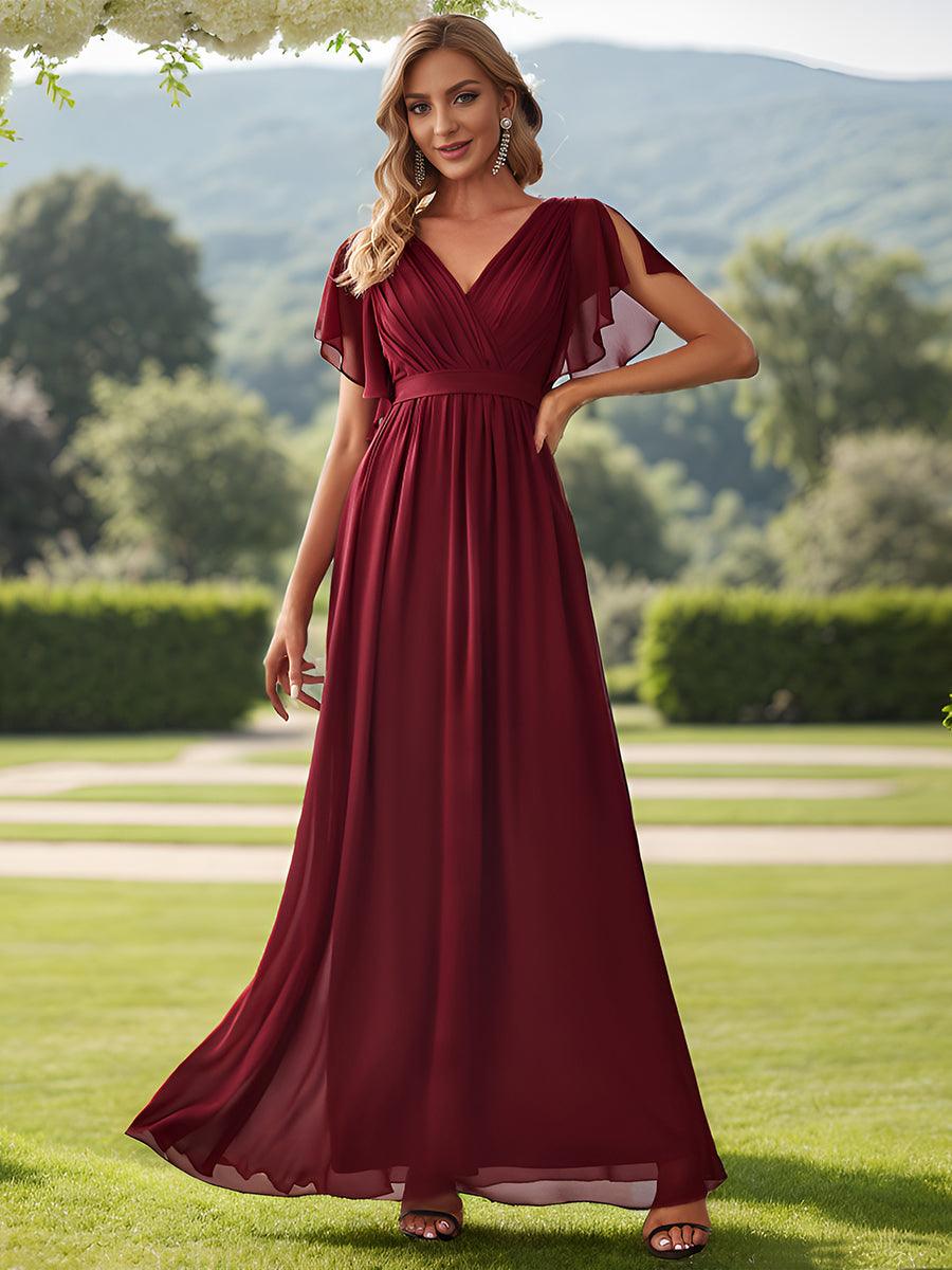 Robe de demoiselle d'honneur en mousseline de soie à encolure en V et à manches #Couleur_Bordeaux