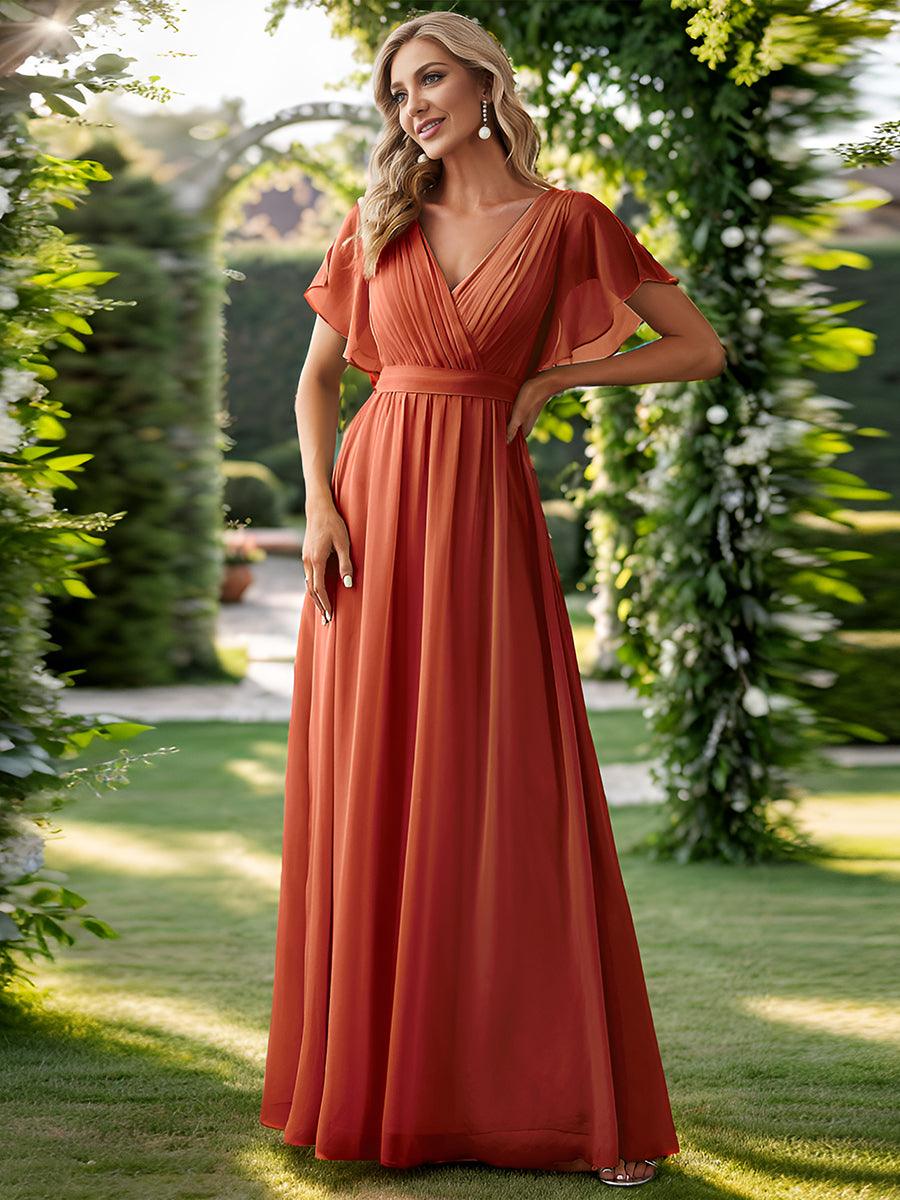 Robe de demoiselle d'honneur en mousseline de soie à encolure en V et à manches #Couleur_Burnt Orange