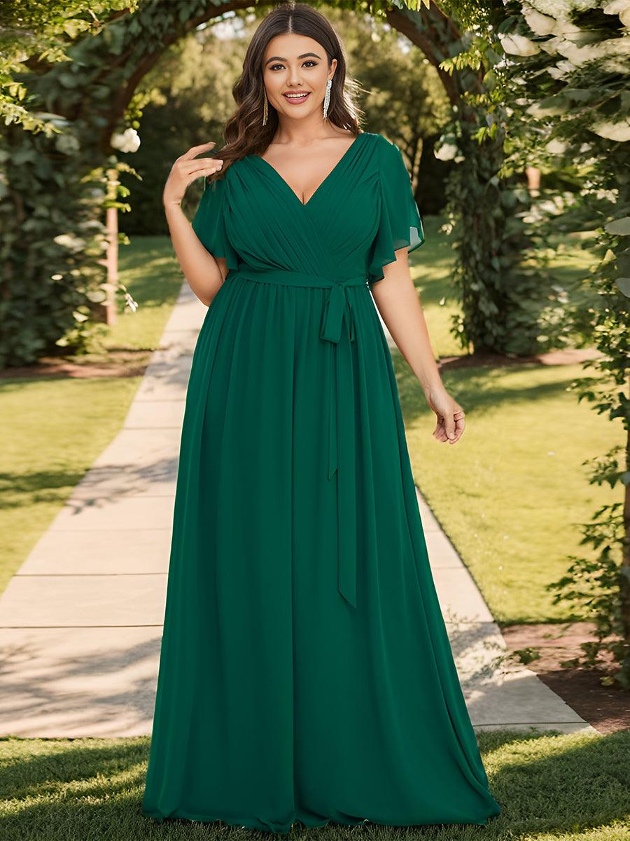 Robe de demoiselle d'honneur en mousseline de soie à encolure en V et à manches #Couleur_Vert Fonce