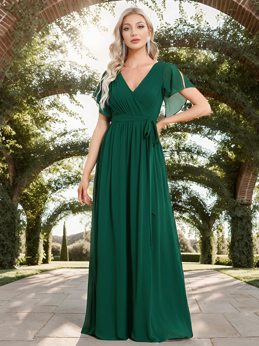 Robe de demoiselle d'honneur en mousseline de soie à encolure en V et à manches #Couleur_Vert Fonce