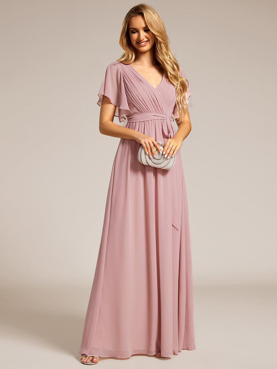 Robe demoiselle d'honneur en mousseline à encolure en V et à manches flottantes #Couleur_Rose fumee