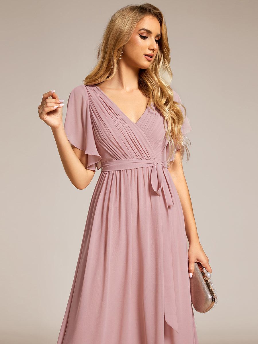 Robe demoiselle d'honneur en mousseline à encolure en V et à manches flottantes #Couleur_Rose fumee