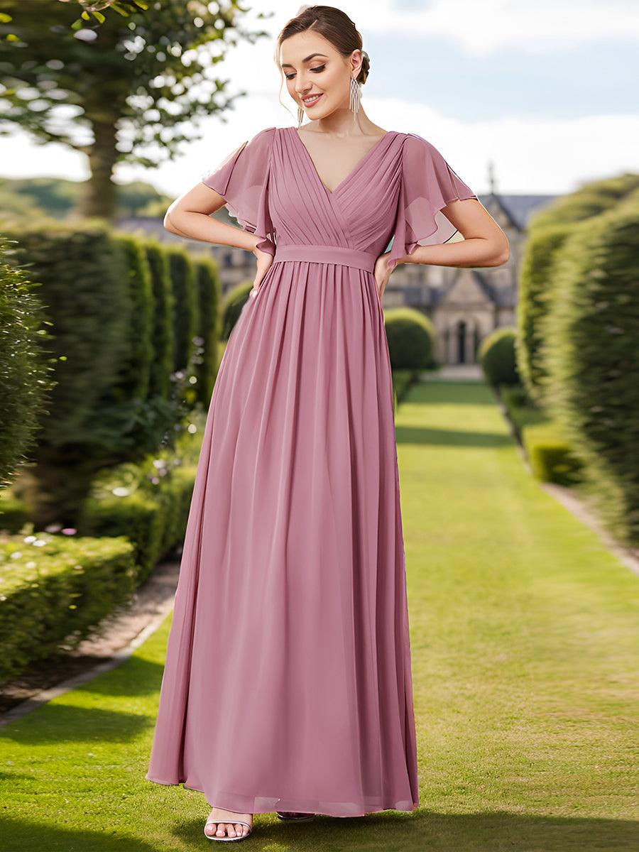 Robe de demoiselle d'honneur en mousseline de soie à encolure en V et à manches #Couleur_Orchidee