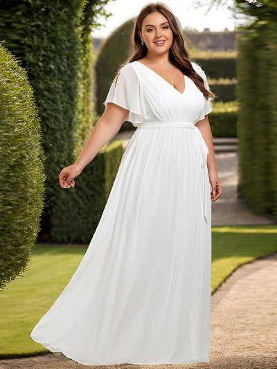 pretty LEORA|Robe mariage invitée en mousseline de soie longue de grande taille à encolure en V Maxi