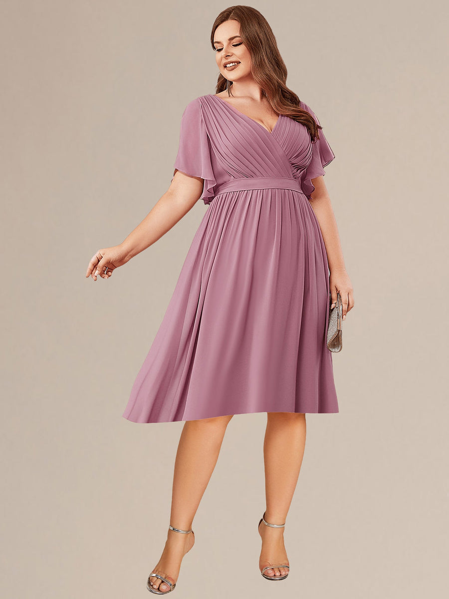 Robe d'invité de mariage trapèze en mousseline fluide à encolure ronde et longueur au genou #Couleur_Rose