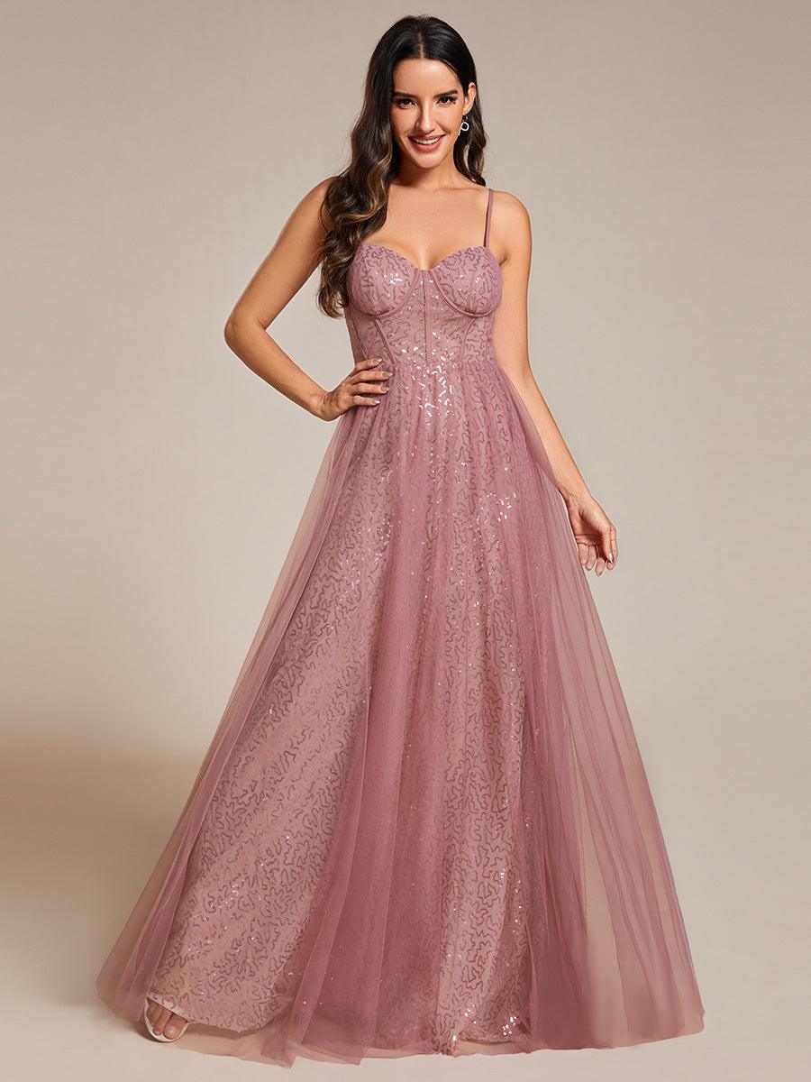 Robe de soirée trapèze à paillettes bretelles spaghetti sans manches avec couverture en tulle #Couleur_Orchidee