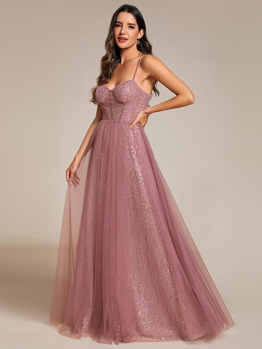 Robe de soirée trapèze à paillettes bretelles spaghetti sans manches avec couverture en tulle #Couleur_Orchidee