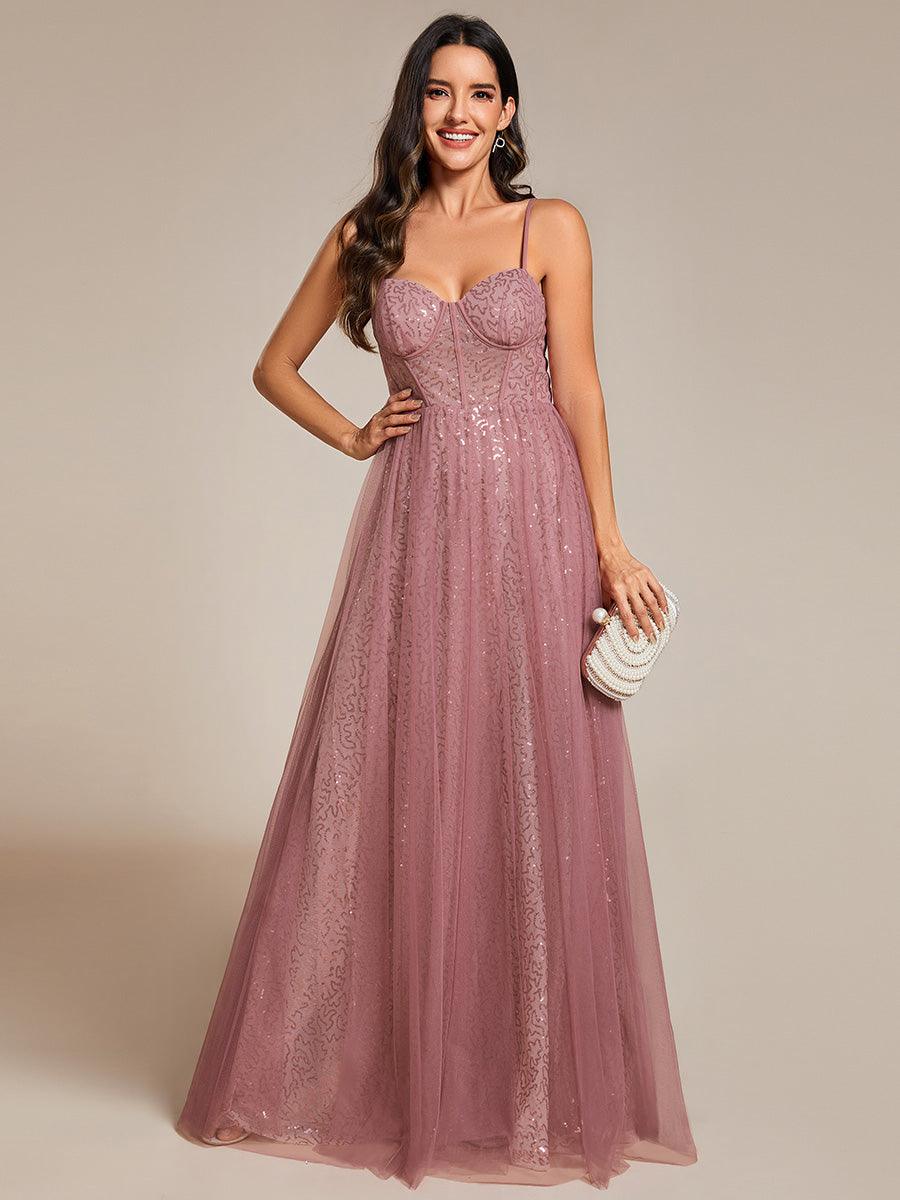 Robe de soirée trapèze à paillettes bretelles spaghetti sans manches avec couverture en tulle #Couleur_Orchidee