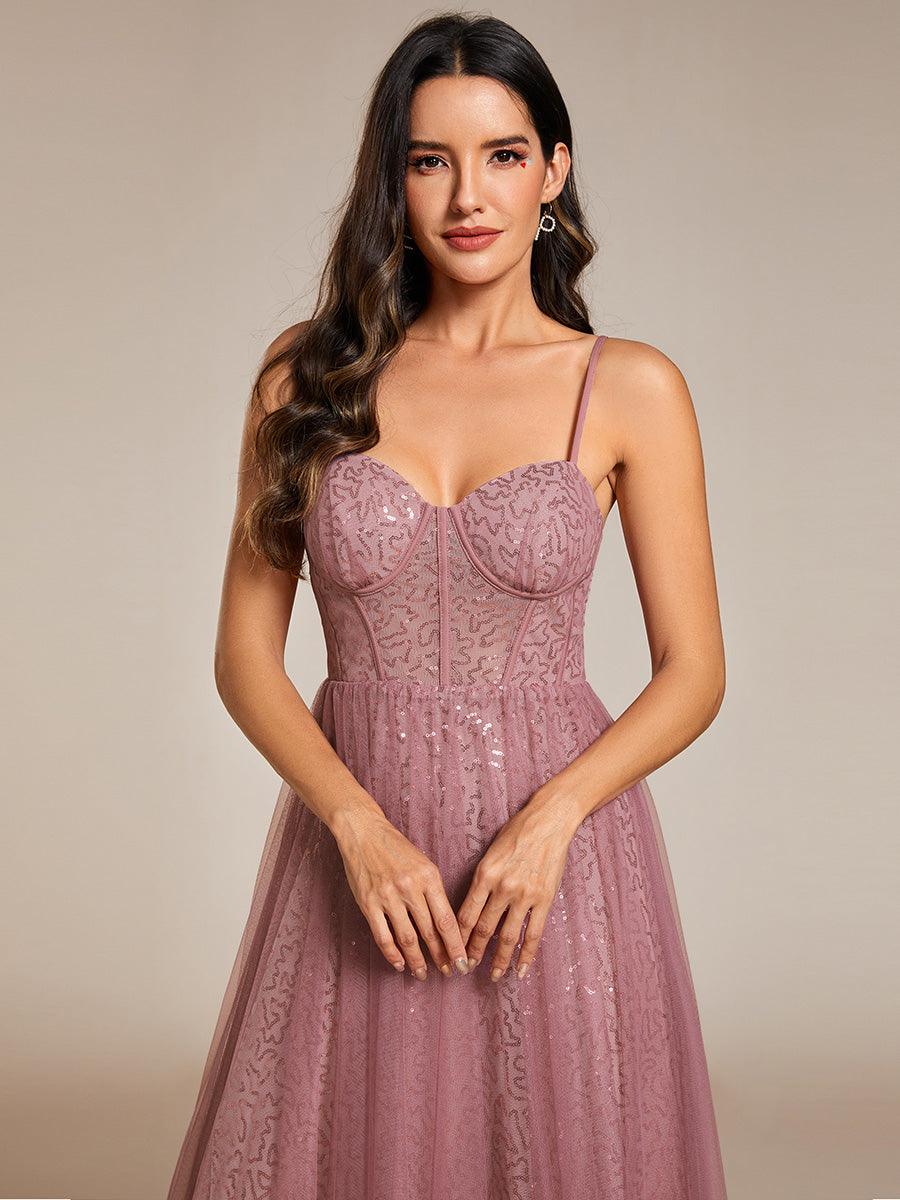 Robe de soirée trapèze à paillettes bretelles spaghetti sans manches avec couverture en tulle #Couleur_Orchidee