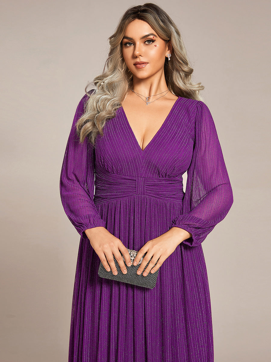 Robe de soirée trapèze à manches longues et taille empire scintillante #Couleur_Raisin pétillant