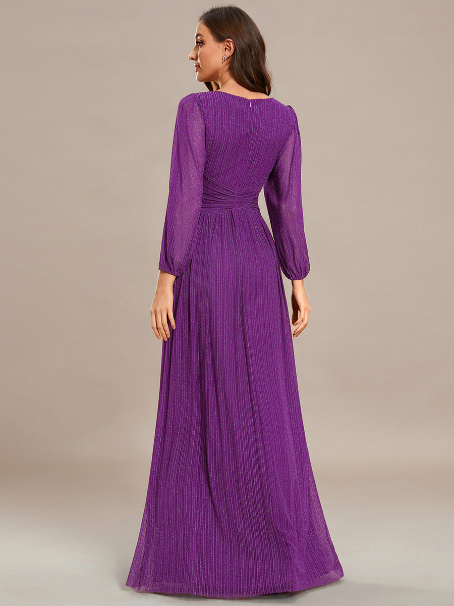 Robe de soirée trapèze à manches longues et taille empire scintillante #Couleur_Raisin pétillant