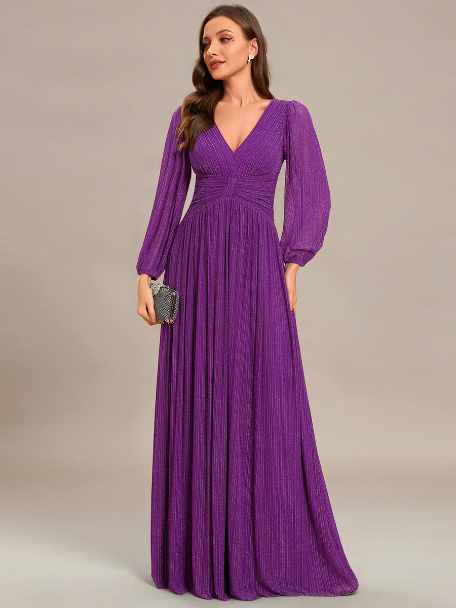 Robe de soirée trapèze à manches longues et taille empire scintillante #Couleur_Raisin pétillant