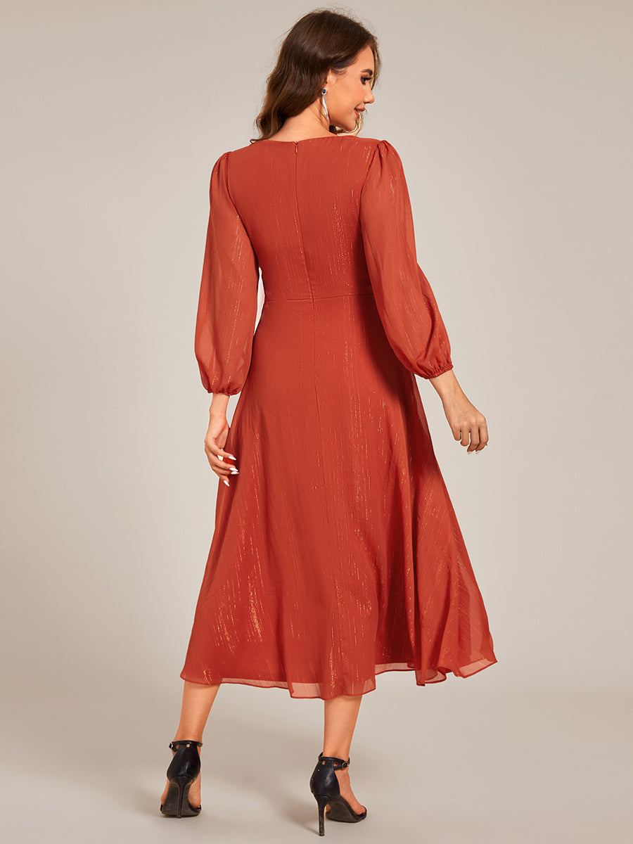 Robe de soirée trapèze scintillante à manches longues et col en V en mousseline de soie avec n?ud torsadé #Couleur_Burnt Orange