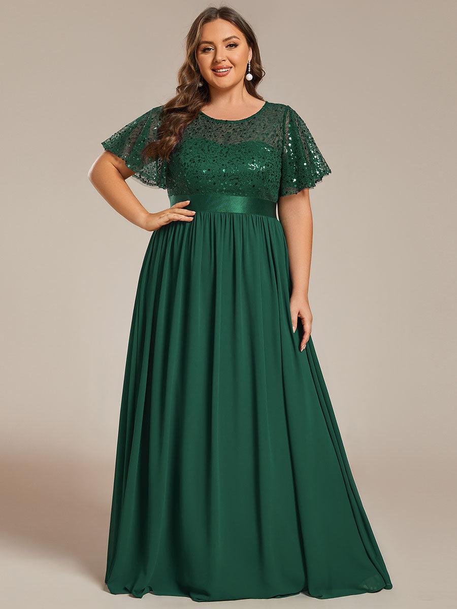 Robe de soirée à manches courtes et col rond à sequins taille haute #Couleur_Vert Fonce