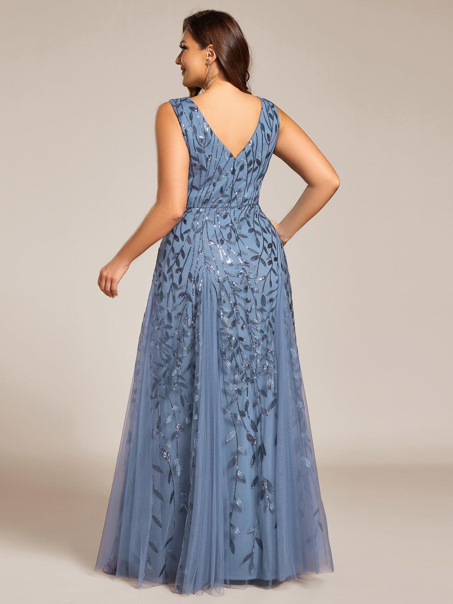 Robes de soirée trapèze pailletées sans manches à col en V de grande taille #Couleur_Marine Fume