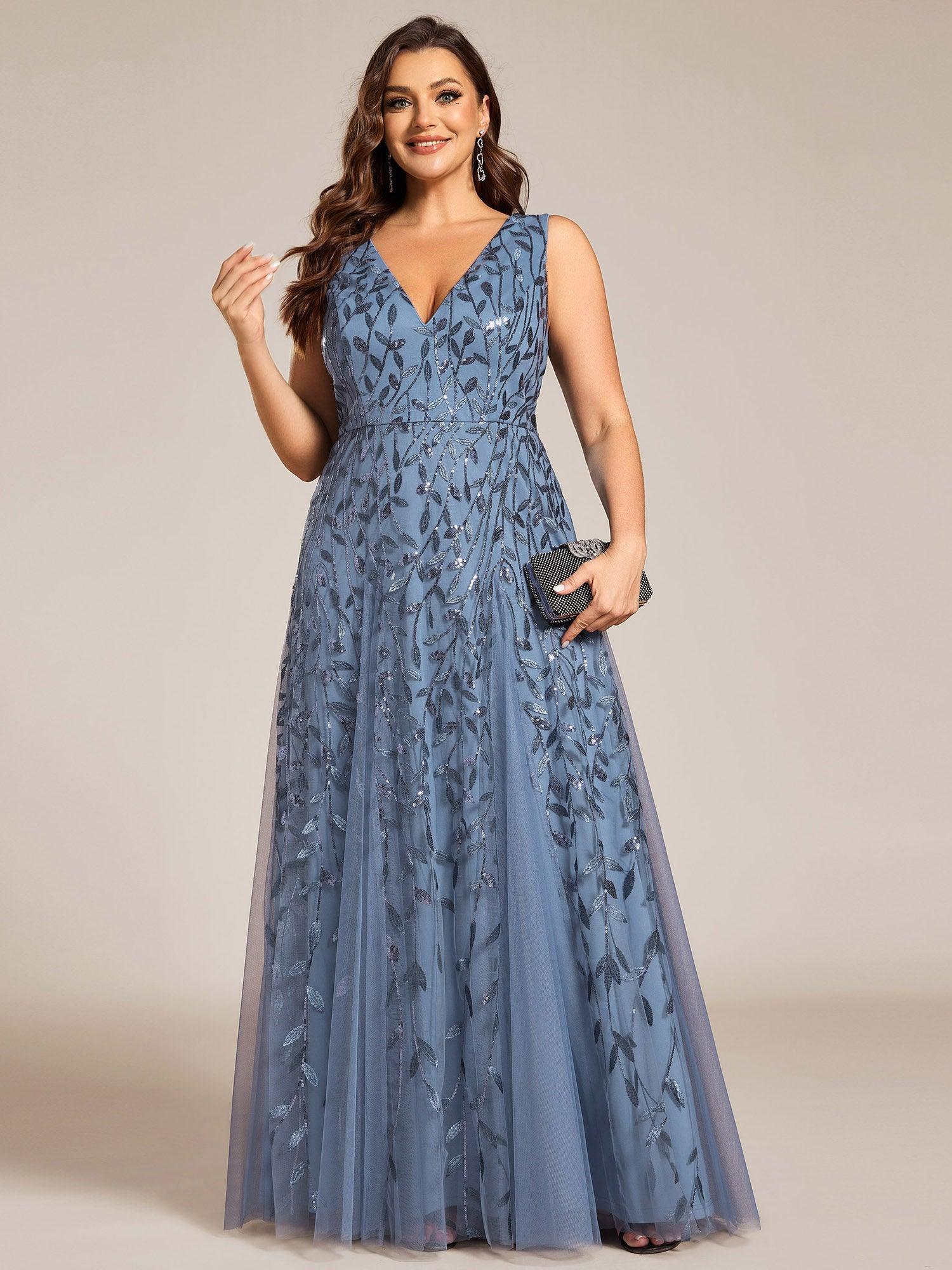 Robes de soirée trapèze pailletées sans manches à col en V de grande taille #Couleur_Marine Fume