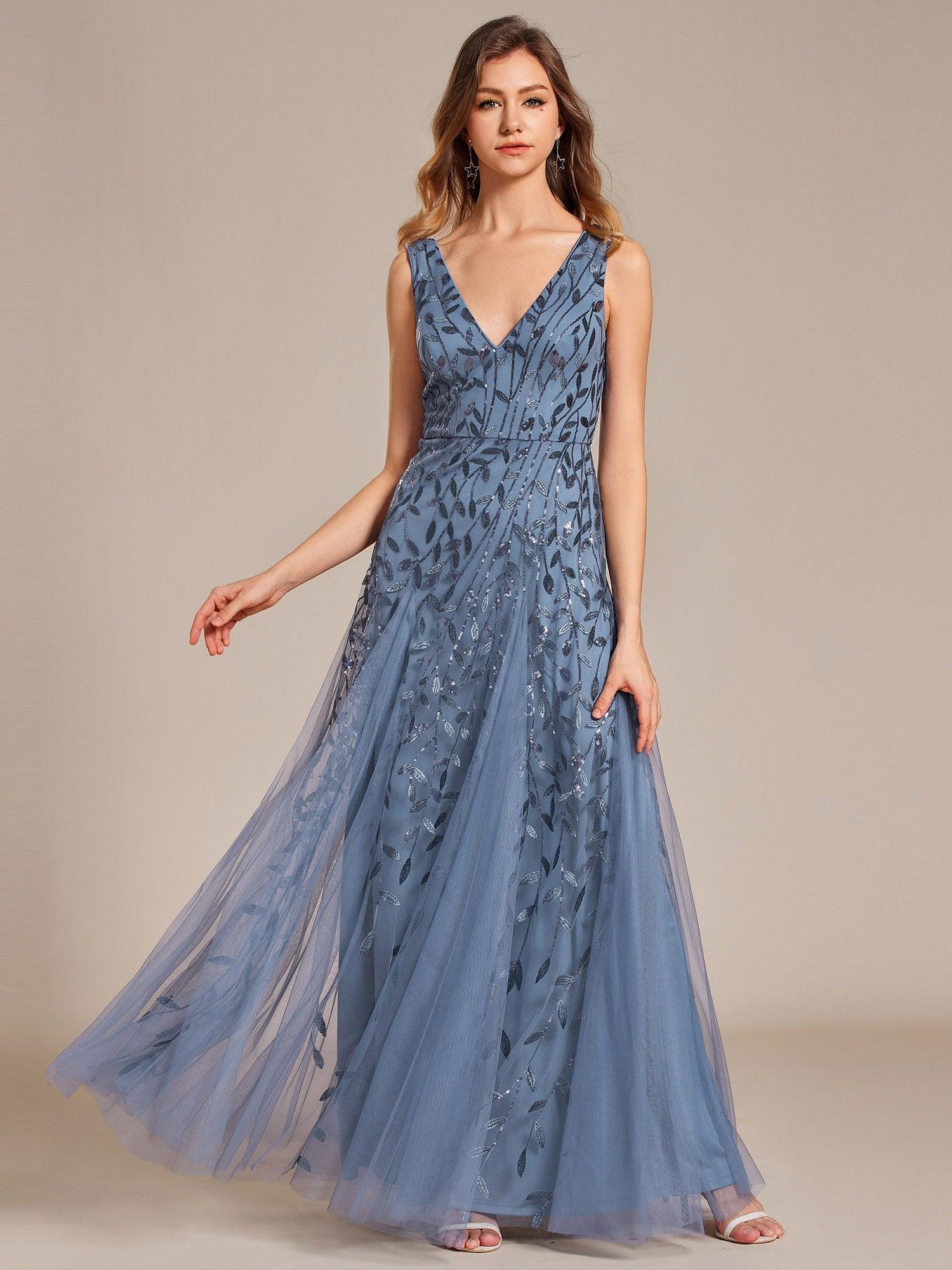 Robes de soirée trapèze pailletées sans manches à col en V #Couleur_Marine Fume