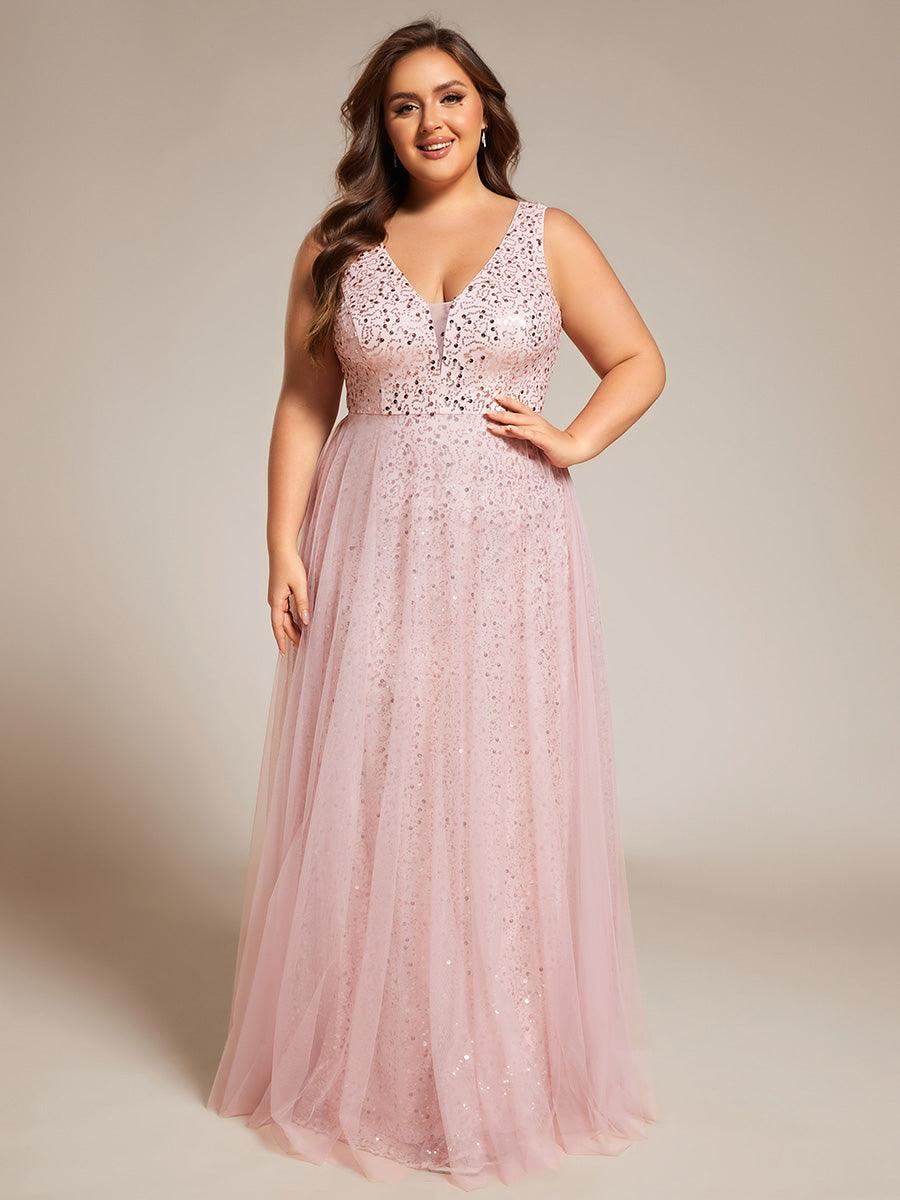 Robe de soirée en tulle transparent sans manches à col en V et paillettes #Couleur_Rose