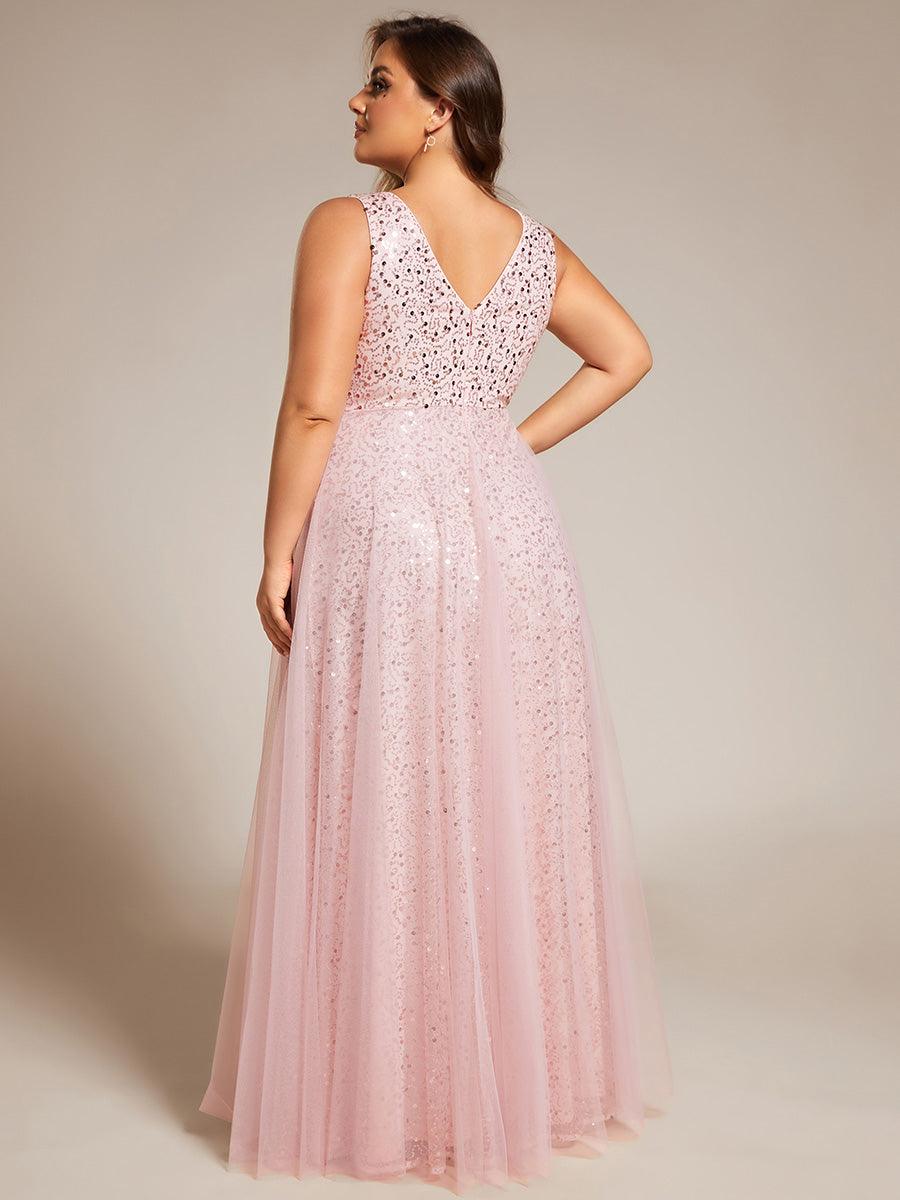 Robe de soirée en tulle transparent sans manches à col en V et paillettes #Couleur_Rose