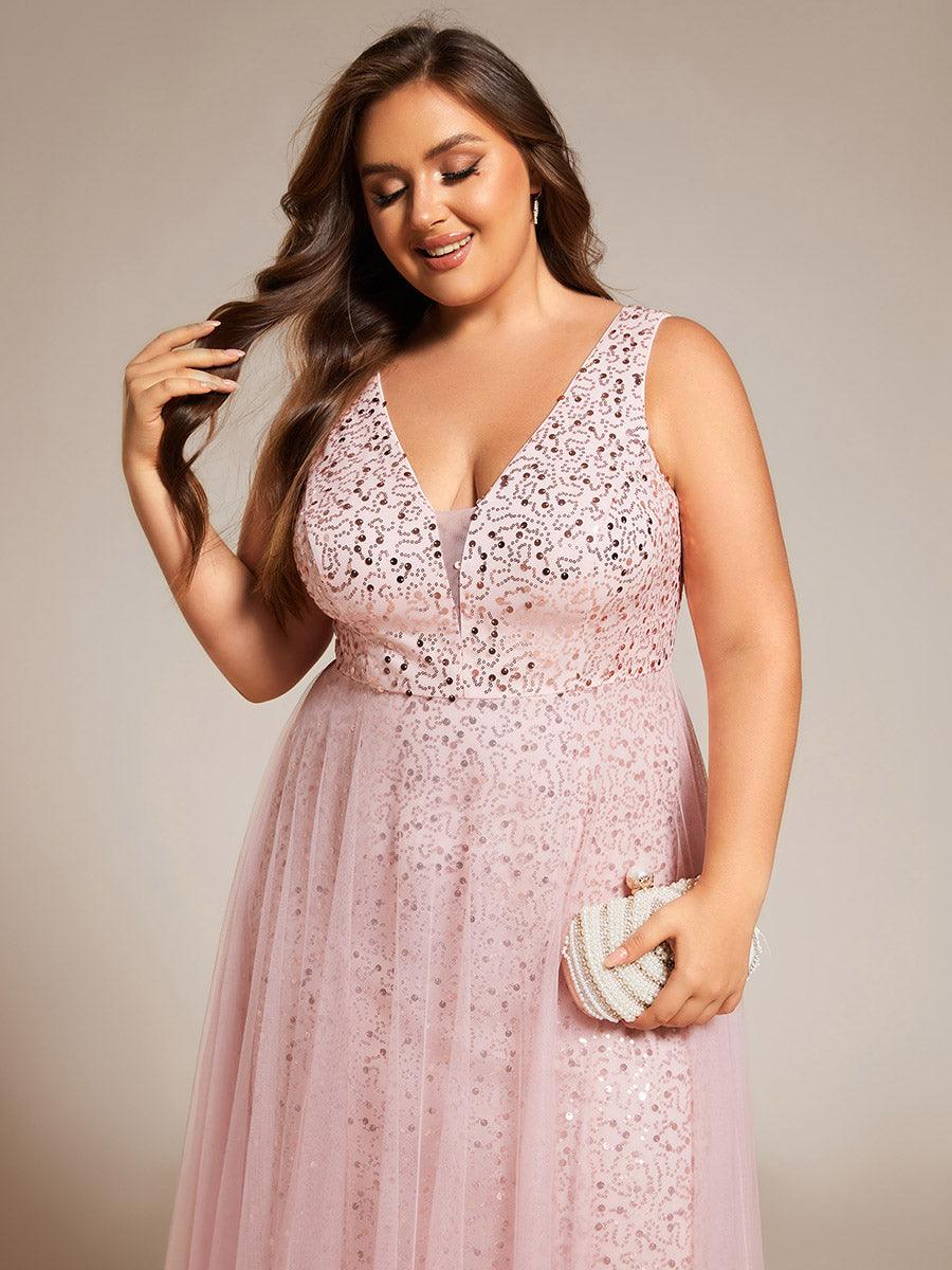 Robe de soirée en tulle transparent sans manches à col en V et paillettes #Couleur_Rose