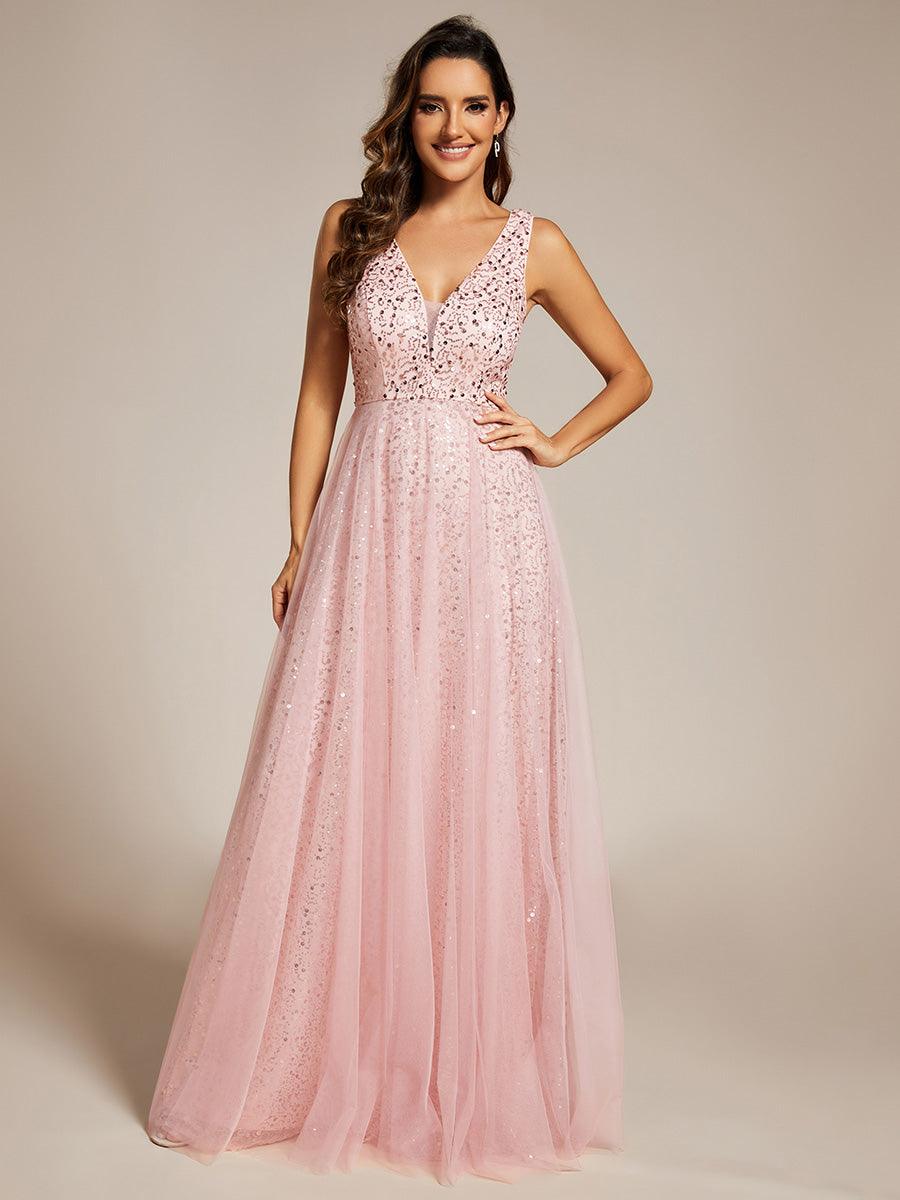 Robe de soirée en tulle transparent sans manches à col en V et paillettes #Couleur_Rose
