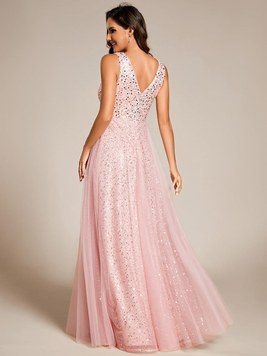 Robe de soirée en tulle transparent sans manches à col en V et paillettes #Couleur_Rose