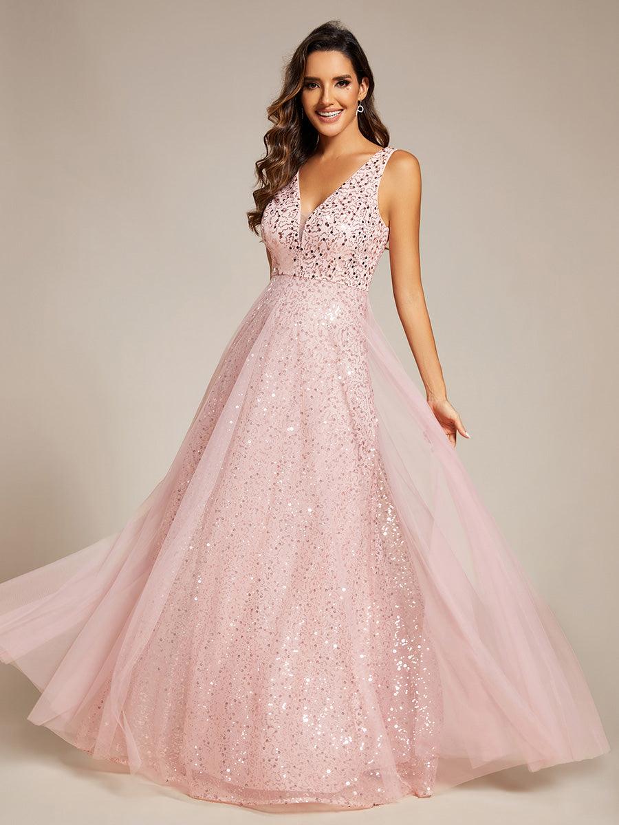Robe de soirée en tulle transparent sans manches à col en V et paillettes #Couleur_Rose