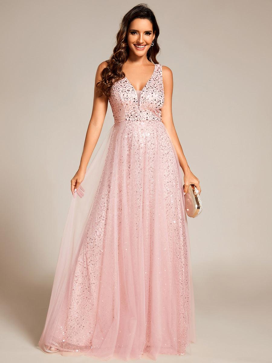 Robe de soirée en tulle transparent sans manches à col en V et paillettes #Couleur_Rose