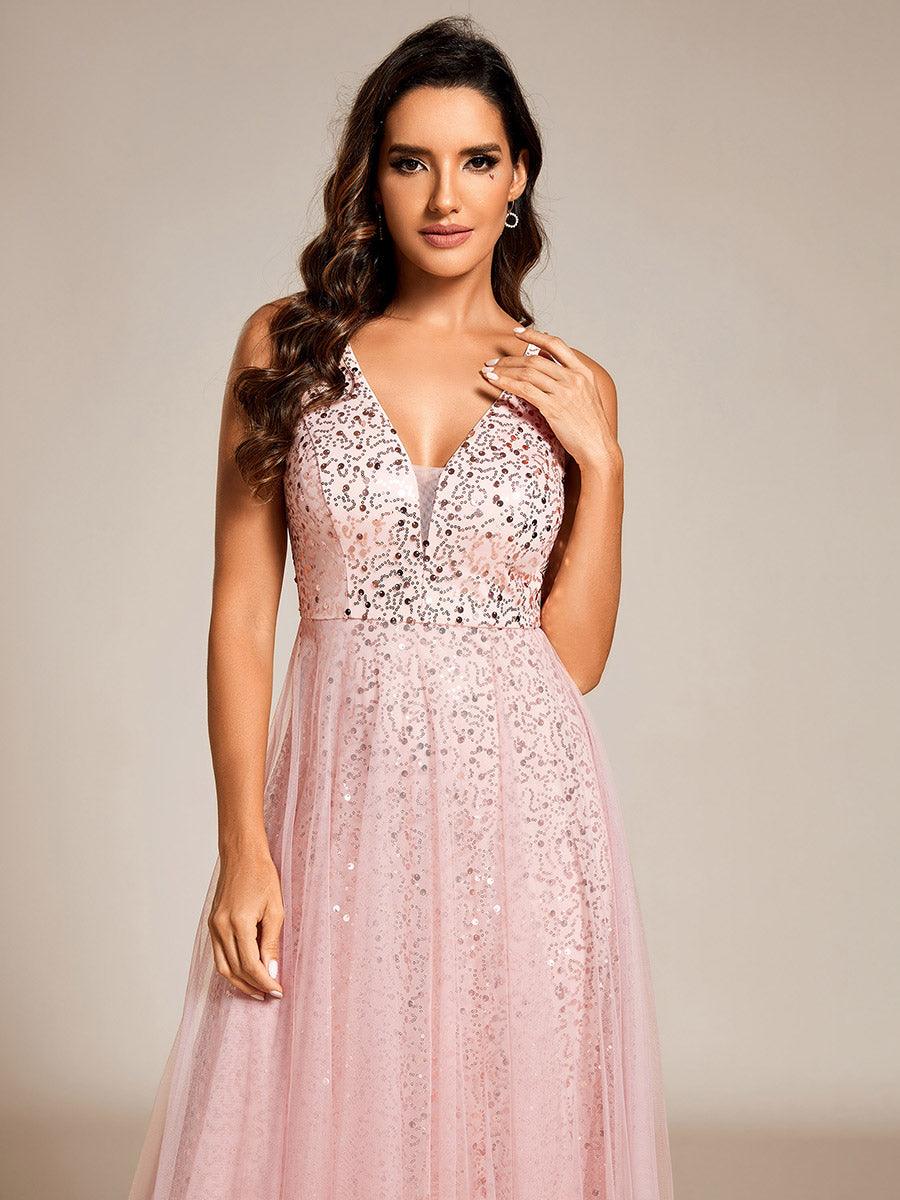 Robe de soirée en tulle transparent sans manches à col en V et paillettes #Couleur_Rose