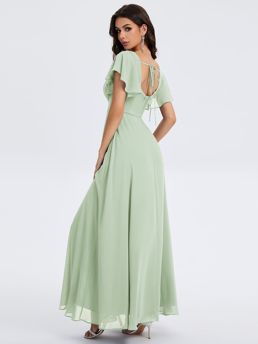 Robe D'invité De Mariage En Mousseline De Soie Mi-Longue Plissée à Manches à Volants Et Col En V  #Couleur_Menthe Verte
