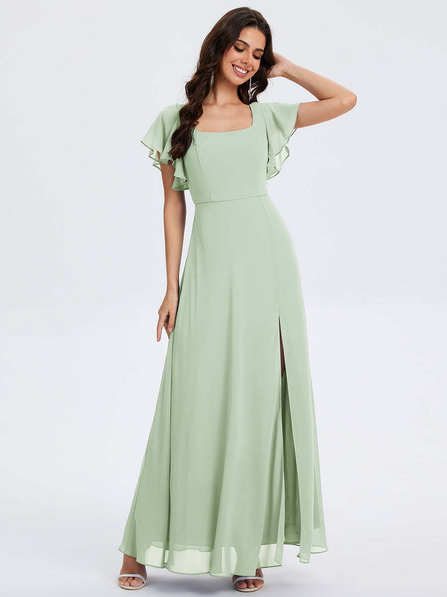 Robe D'invité De Mariage En Mousseline De Soie Mi-Longue Plissée à Manches à Volants Et Col En V  #Couleur_Menthe Verte
